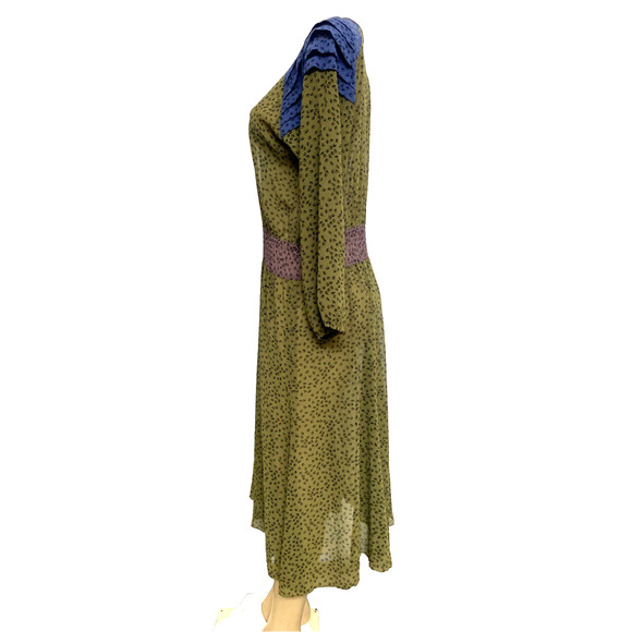 Diane Freis Midi Dress Green Floral Print 3/4Sleeve Round Neck Elastic Waist M L - Picture 4 of 7